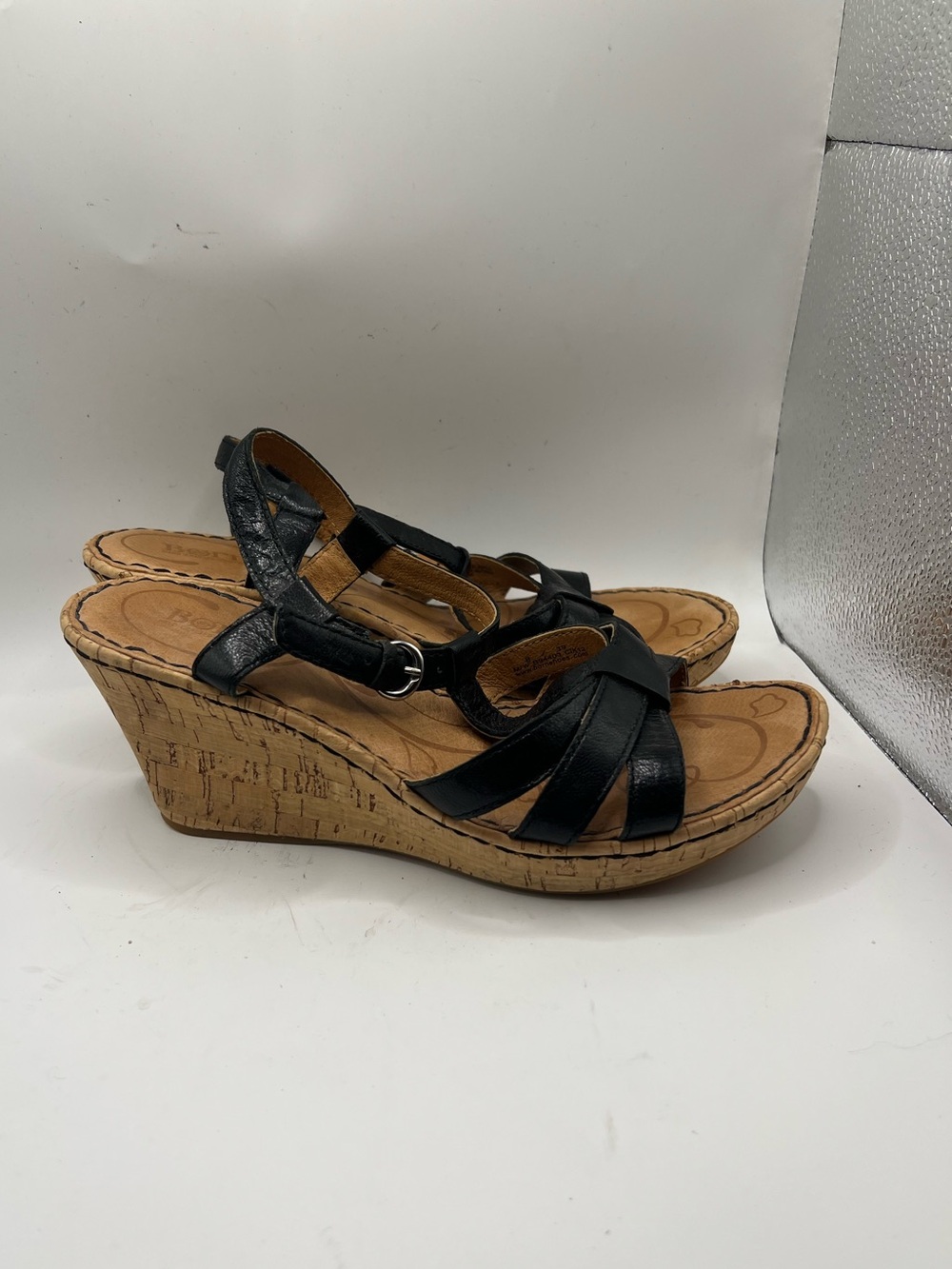 Born Black Leather Cork Wedge Sandals